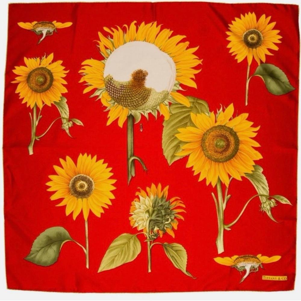 Tiffany and Co. silk scarf Sunflower scarf 
botanical floral Mother’s Day red